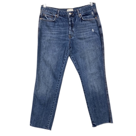 Free People We The Free Slim Boyfriend Distressed Jean Size 30 Blue Button Fly - Picture 1 of 9